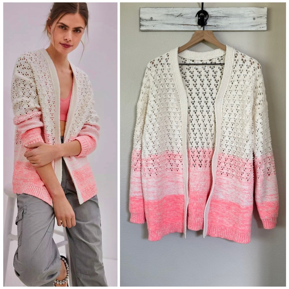 ANTHROPOLOGIE M L Faustia Cardigan in Pink Ombre • Cotton Linen Blend Sweater